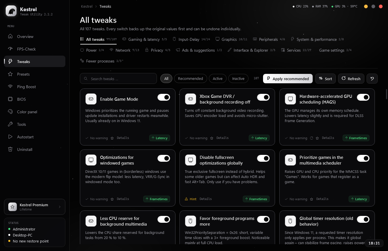 Kestrel – tweak overview